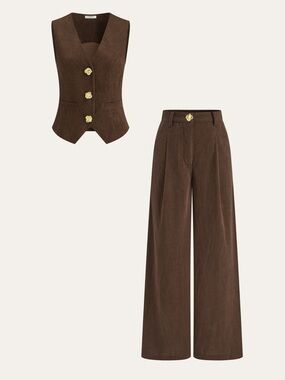 Corduroy Metal Button Vest & Wide-Leg Pants Set Size Medium NWT